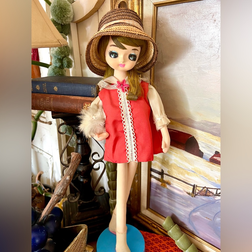 Vintage  Bradley Mod 1960s Japanese Big Eye Pose Doll With Dog And Hat 21” Tall